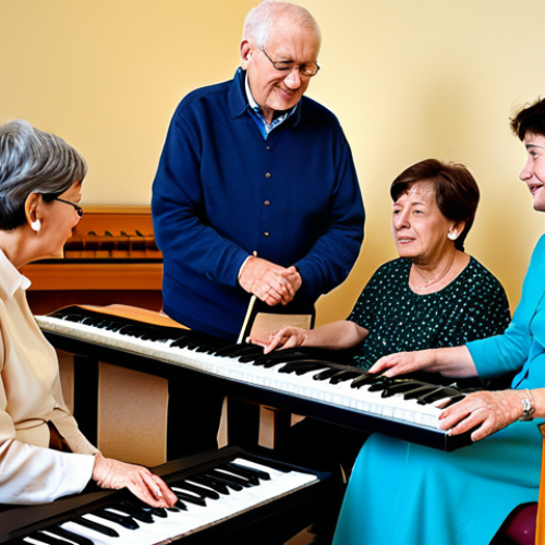 Home 6 A diverse group of adults and a senior citizen, all fully clothed in modest, professional, comfortable attire, participate in a tranquil music therapy session. They are gently interacting with various musical instruments like a keyboard and gentle percussion, or listening attentively. A professional therapist, also in appropriate dress, guides the session. The setting is a bright, calm, modern therapy room with soft, natural lighting. Expressions convey peace, understanding, and emotional release. Professional photography, high-resolution, rich detail, safe for work, appropriate content, fully clothed, family-friendly, perfect anatomy, correct proportions, natural pose, well-formed hands, proper finger count, natural body proportions.