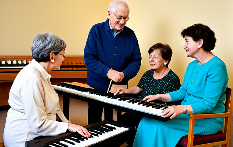 A diverse group of adults and a senior citizen, all fully clothed in modest, professional, comfortable attire, participate in a tranquil music therapy session. They are gently interacting with various musical instruments like a keyboard and gentle percussion, or listening attentively. A professional therapist, also in appropriate dress, guides the session. The setting is a bright, calm, modern therapy room with soft, natural lighting. Expressions convey peace, understanding, and emotional release. Professional photography, high-resolution, rich detail, safe for work, appropriate content, fully clothed, family-friendly, perfect anatomy, correct proportions, natural pose, well-formed hands, proper finger count, natural body proportions.