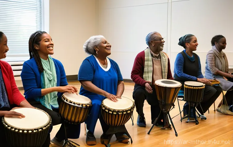 음악테라피사 중점 과목 - **Prompt:** A dynamic and inclusive group music therapy session with a male therapist in his 40s, dr...