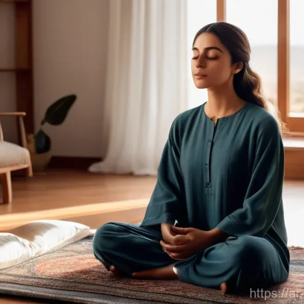음악테라피사 기술 - A serene and deeply contemplative scene featuring a young woman (fully clothed in loose, modest atti...