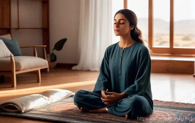 음악테라피사 기술 - A serene and deeply contemplative scene featuring a young woman (fully clothed in loose, modest atti...