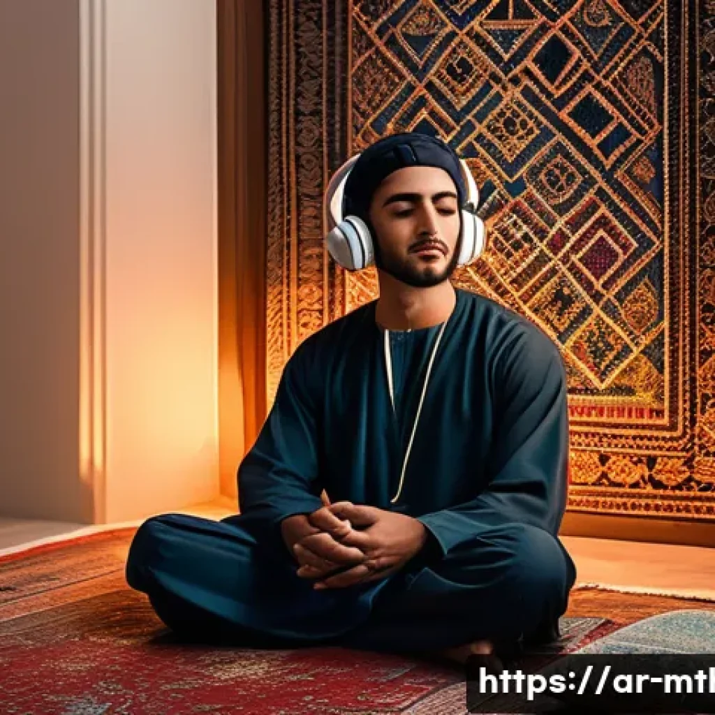 음악테라피사 치료를 위한 이론 - A serene Middle Eastern living room at dusk with traditional Arabic d&eacute;cor, featuring a young Arab ma...