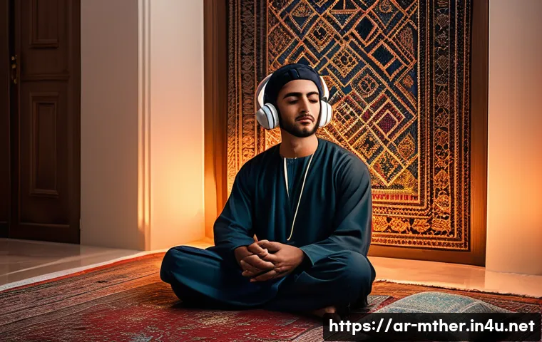 음악테라피사 치료를 위한 이론 - A serene Middle Eastern living room at dusk with traditional Arabic d&eacute;cor, featuring a young Arab ma...