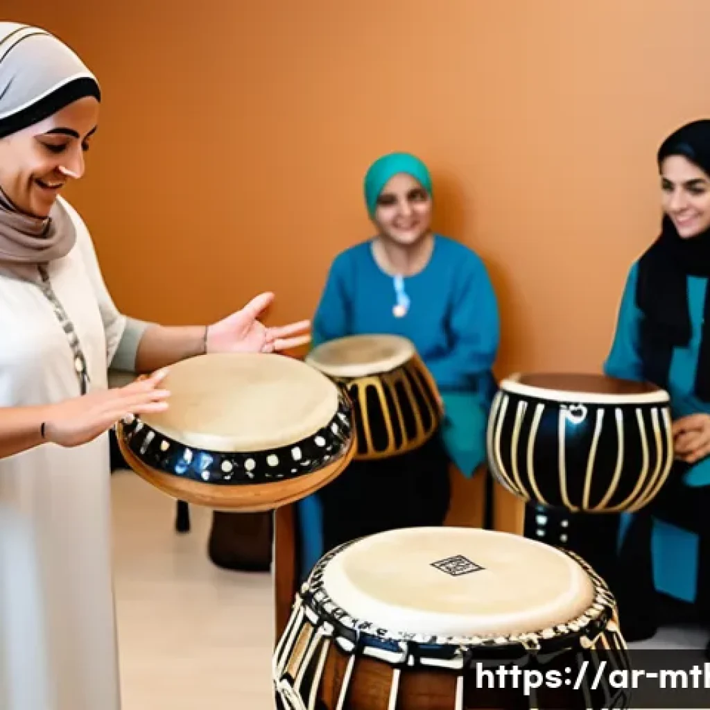 음악테라피사 취업 전략과 그 성공 사례 - A professional Middle Eastern female music therapist wearing modest, culturally appropriate attire, ...