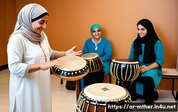 음악테라피사 취업 전략과 그 성공 사례 - A professional Middle Eastern female music therapist wearing modest, culturally appropriate attire, ...