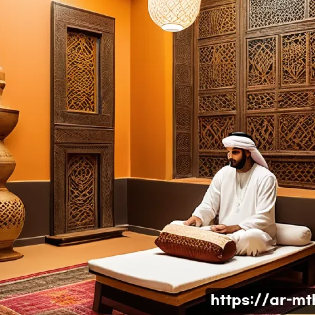 음악테라피사 임상 경험 - A serene therapy room in a Middle Eastern setting, softly lit with warm amber lighting and light inc...