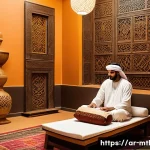 음악테라피사 임상 경험 - A serene therapy room in a Middle Eastern setting, softly lit with warm amber lighting and light inc...