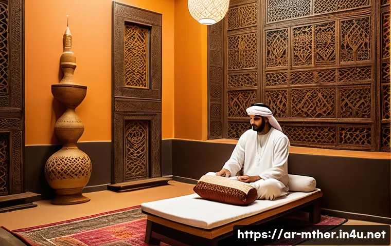음악테라피사 임상 경험 - A serene therapy room in a Middle Eastern setting, softly lit with warm amber lighting and light inc...