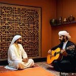 음악테라피사 전문 자격증 - A serene therapy room set in a Middle Eastern cultural context, featuring an Arab male therapist in ...