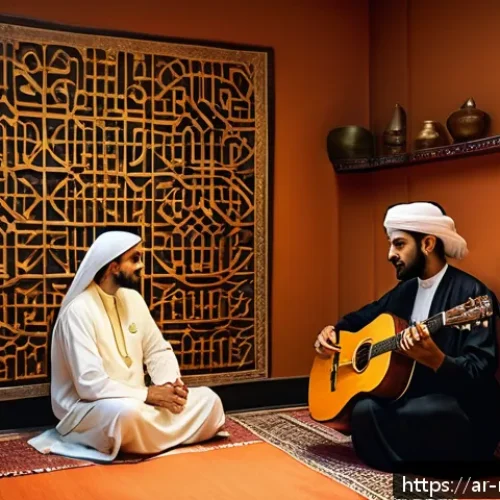 음악테라피사 전문 자격증 - A serene therapy room set in a Middle Eastern cultural context, featuring an Arab male therapist in ...