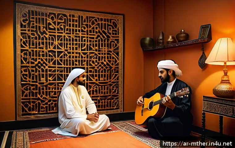 음악테라피사 전문 자격증 - A serene therapy room set in a Middle Eastern cultural context, featuring an Arab male therapist in ...