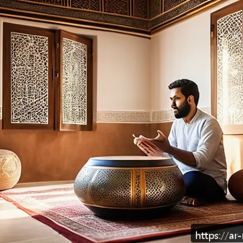 음악테라피사 전문성 향상 - A serene therapy room bathed in warm, natural light with an Arabic-inspired interior design featurin...