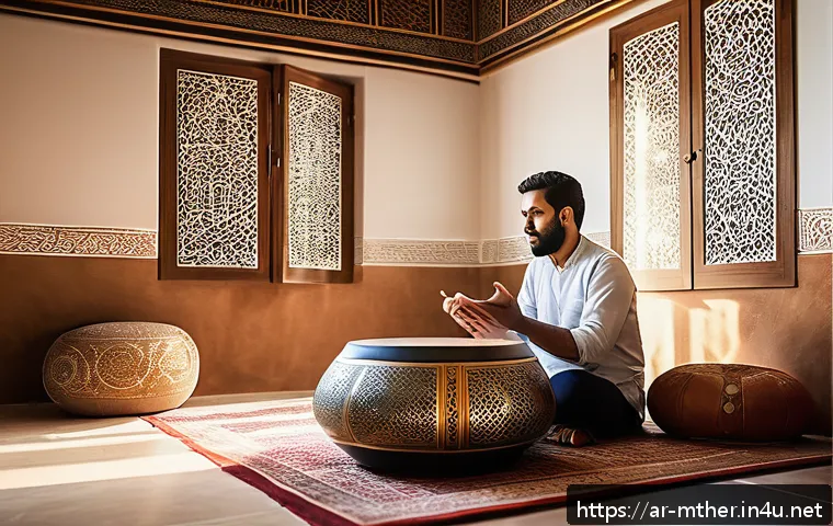음악테라피사 전문성 향상 - A serene therapy room bathed in warm, natural light with an Arabic-inspired interior design featurin...