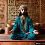 음악테라피사 직무 탐색 - A serene Middle Eastern therapy room bathed in warm natural light, featuring a professional sound th...