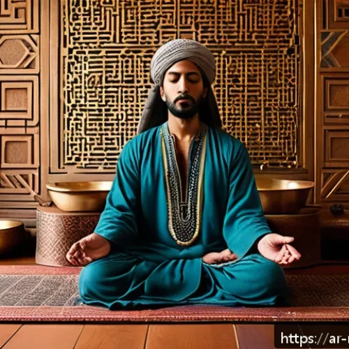 음악테라피사 직무 탐색 - A serene Middle Eastern therapy room bathed in warm natural light, featuring a professional sound th...