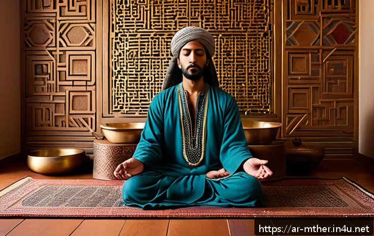 음악테라피사 직무 탐색 - A serene Middle Eastern therapy room bathed in warm natural light, featuring a professional sound th...